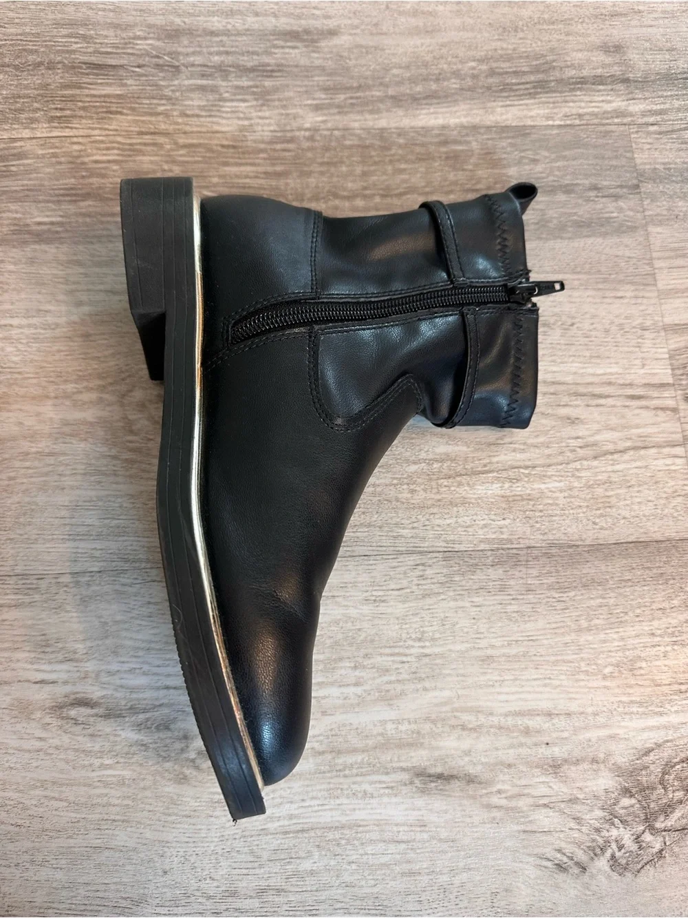 Zara Black Ankle Boots Size 35 Buckle Strap Gold Trim Moto Booties - Picture 4 of 12